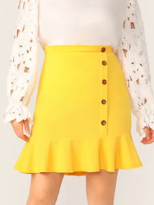 SHEIN Plus Neon Yellow Buttoned Front Ruffle Hem Skirt