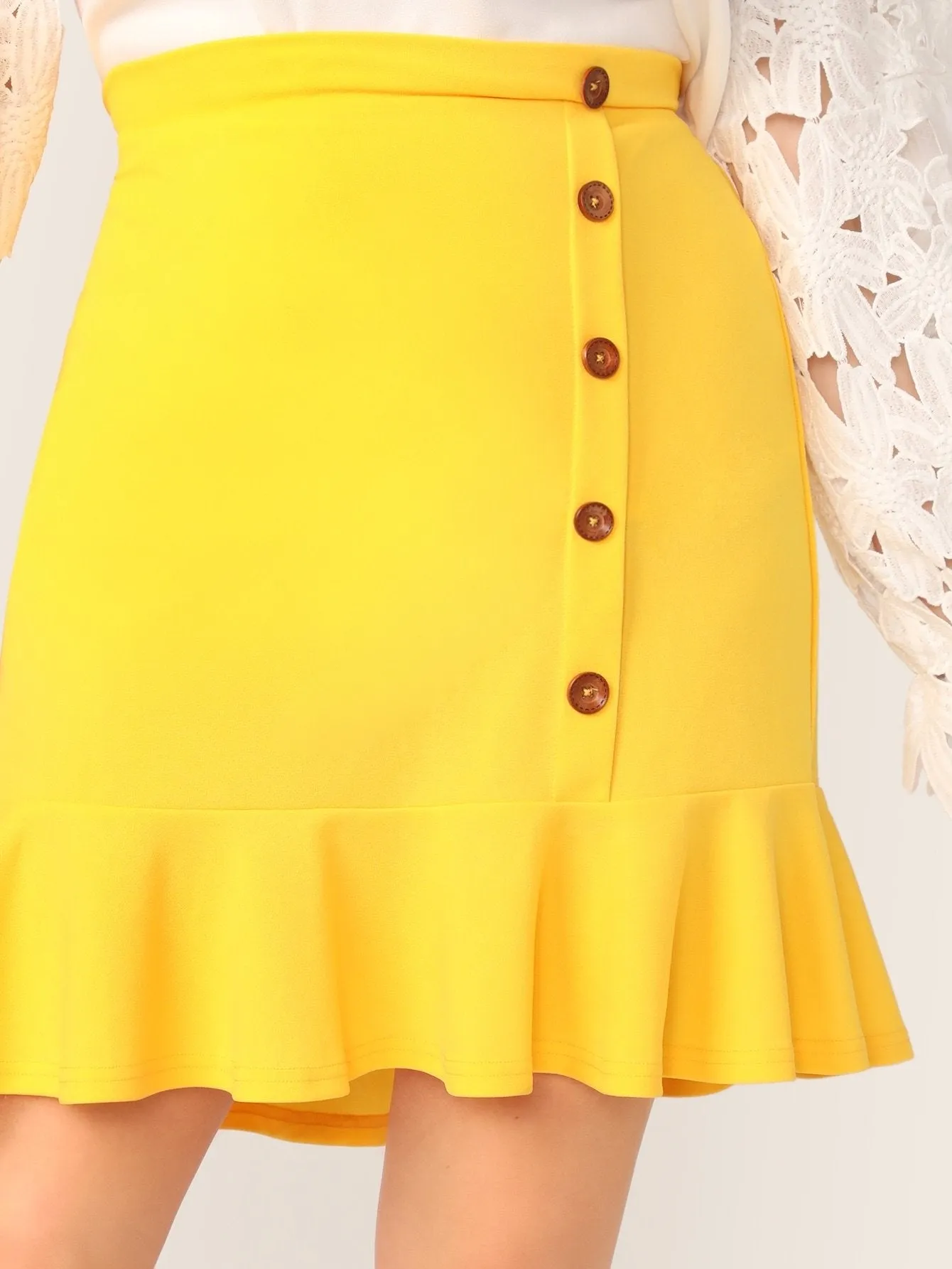 SHEIN Plus Neon Yellow Buttoned Front Ruffle Hem Skirt