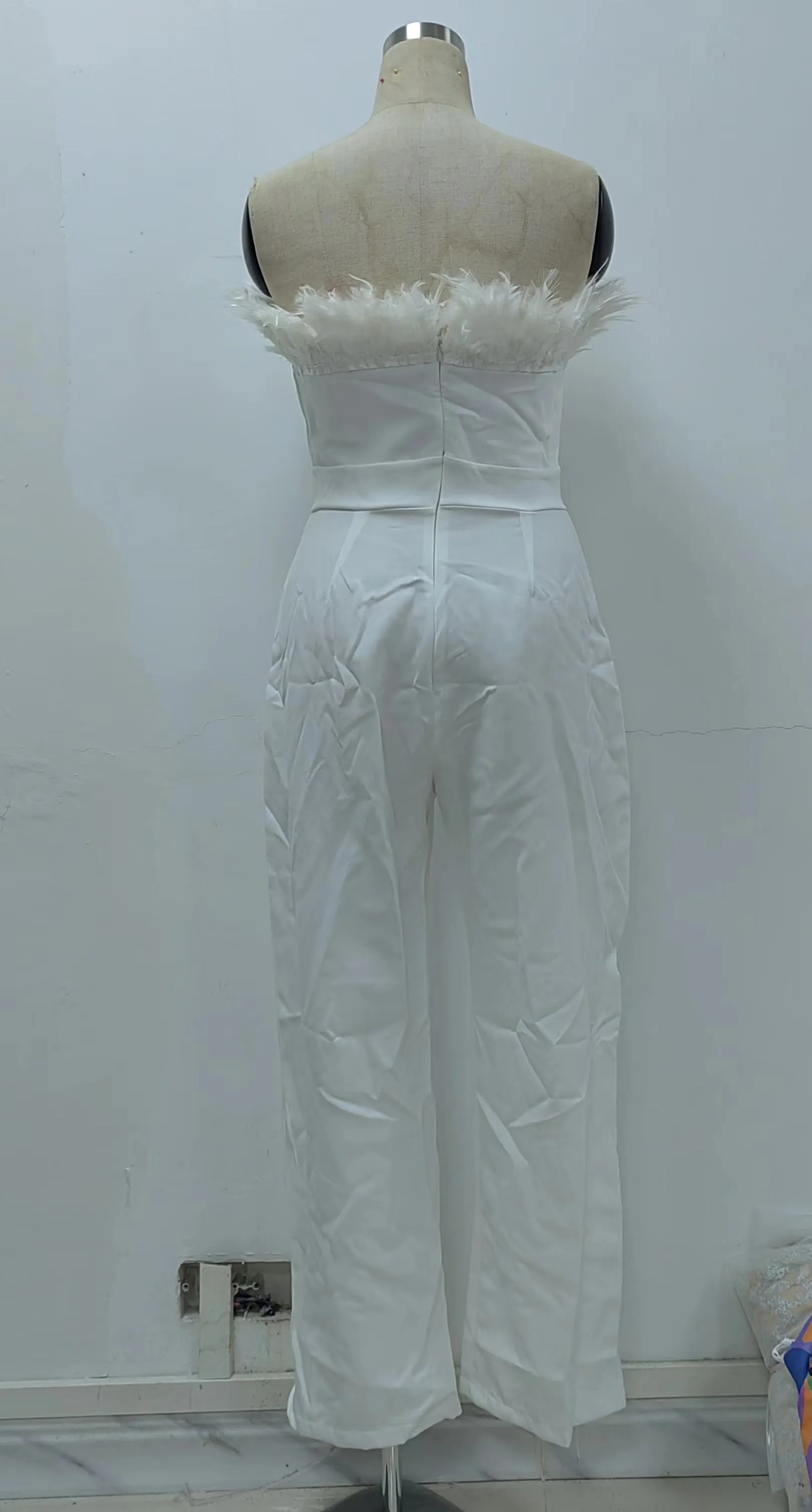Spring Summer Women Clothing Feather Tube Top Solid Color off-Shoulder Backless Sexy Jumpsuit