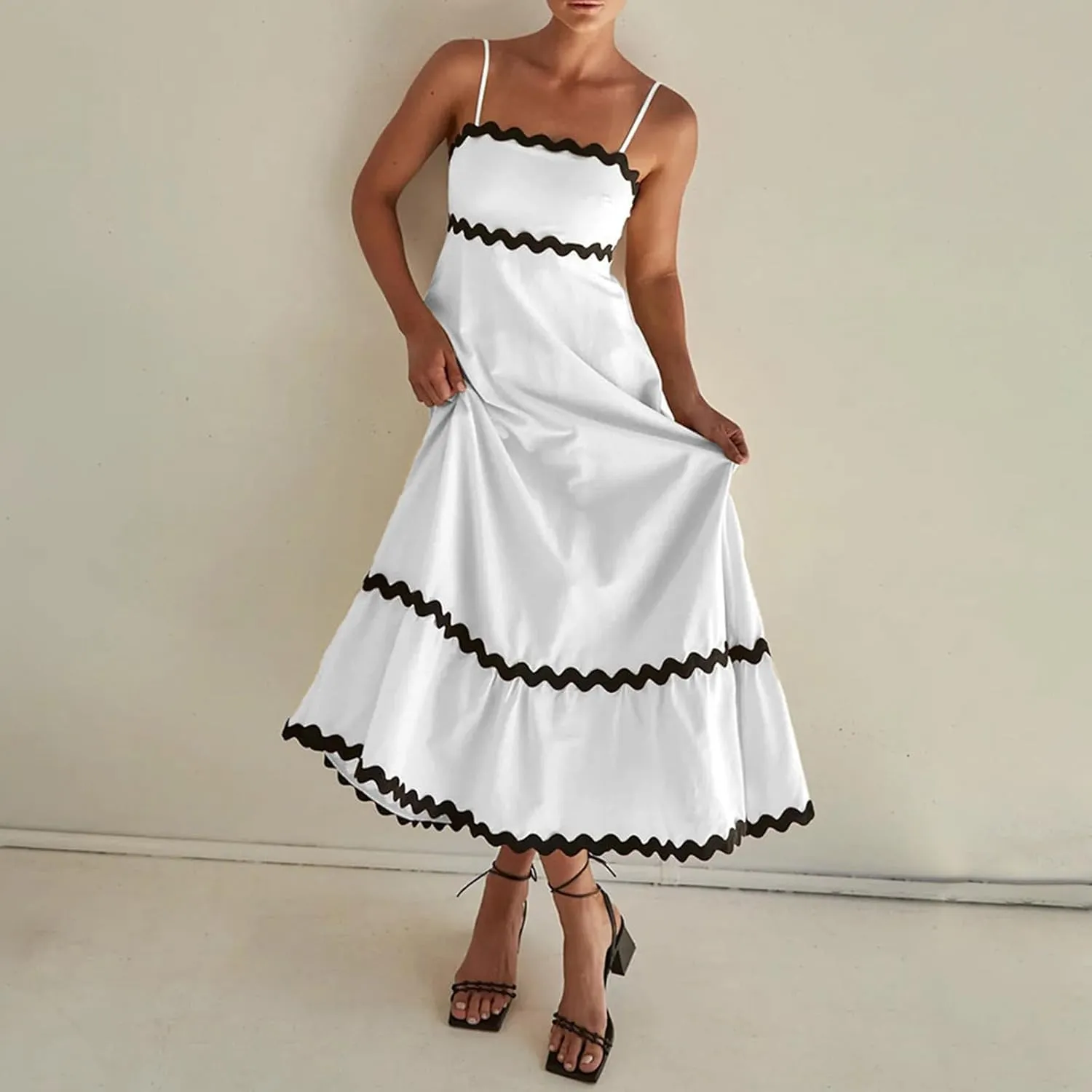 Summer Casual Boho Dresses for Women 2024 RIC Rac Spaghetti Strap Flowy Maxi Dress Berach Smocked Flowy Sundress