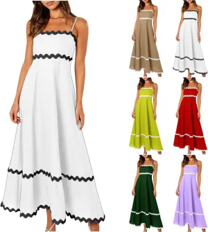 Summer Casual Boho Dresses for Women 2024 RIC Rac Spaghetti Strap Flowy Maxi Dress Berach Smocked Flowy Sundress