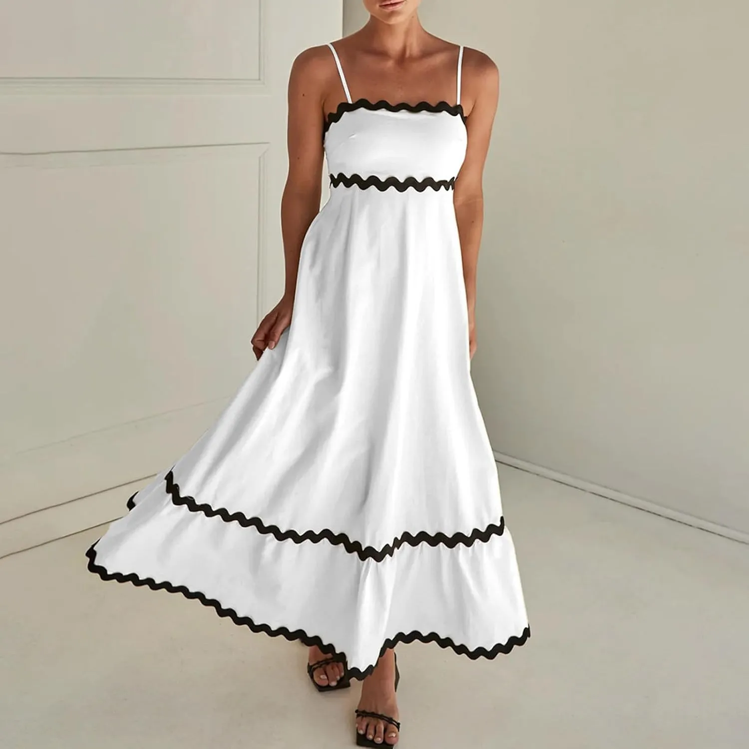 Summer Casual Boho Dresses for Women 2024 RIC Rac Spaghetti Strap Flowy Maxi Dress Berach Smocked Flowy Sundress