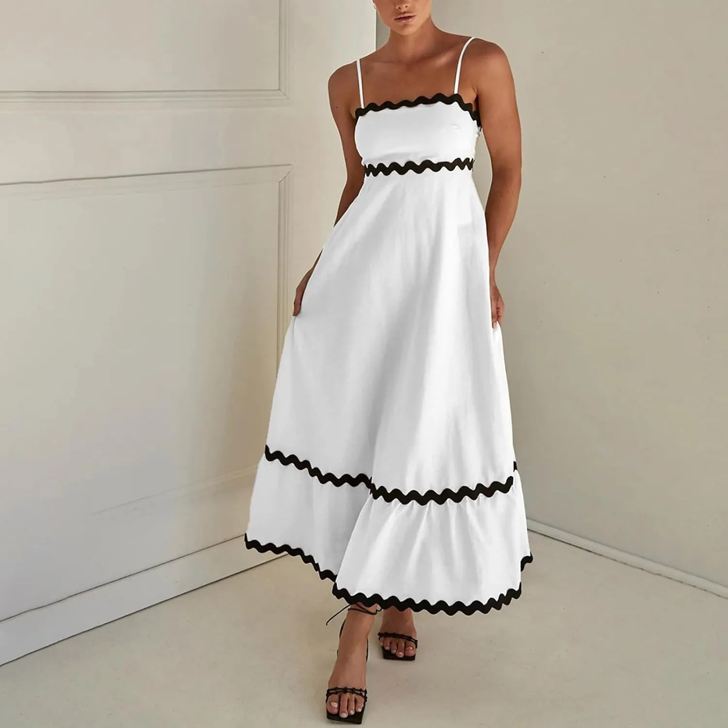 Summer Casual Boho Dresses for Women 2024 RIC Rac Spaghetti Strap Flowy Maxi Dress Berach Smocked Flowy Sundress