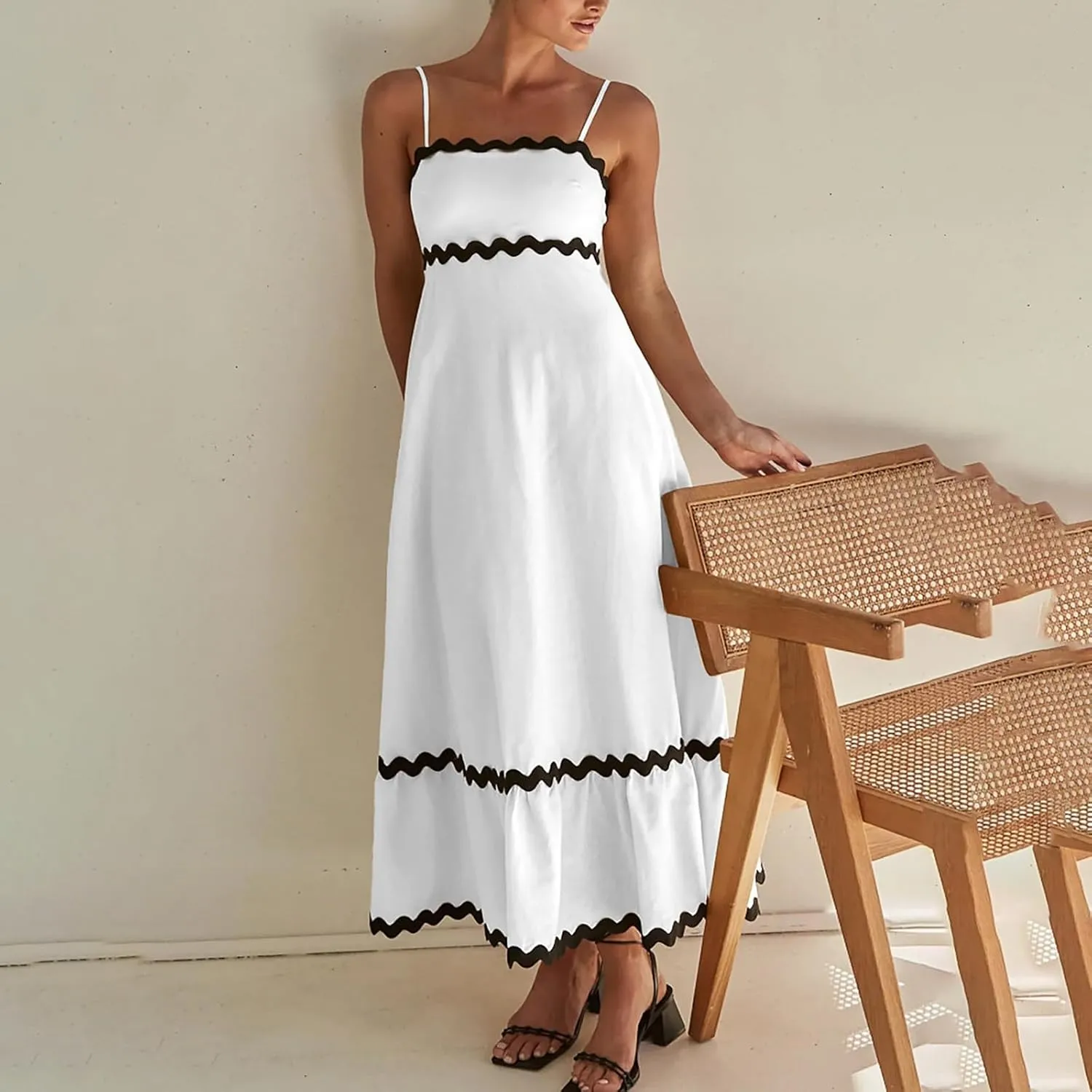 Summer Casual Boho Dresses for Women 2024 RIC Rac Spaghetti Strap Flowy Maxi Dress Berach Smocked Flowy Sundress