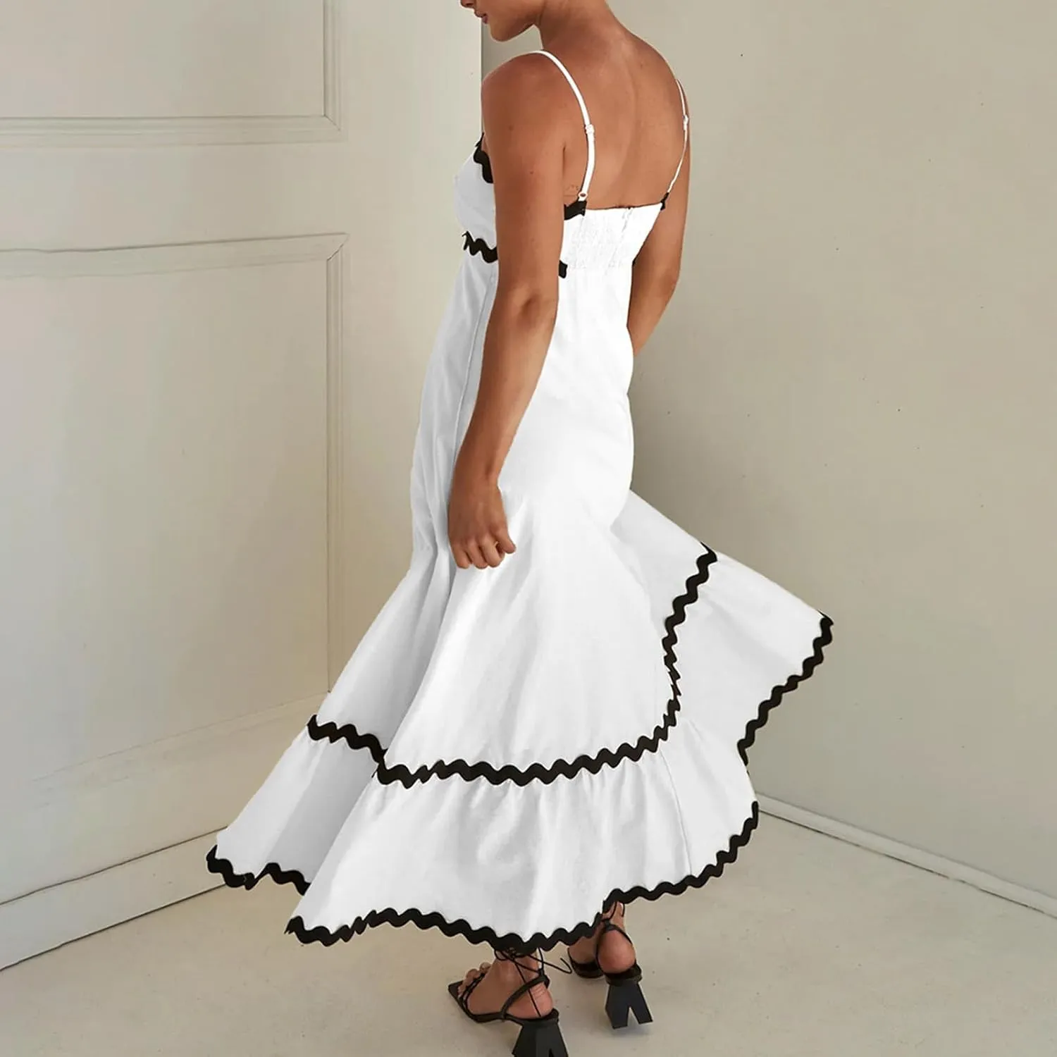 Summer Casual Boho Dresses for Women 2024 RIC Rac Spaghetti Strap Flowy Maxi Dress Berach Smocked Flowy Sundress