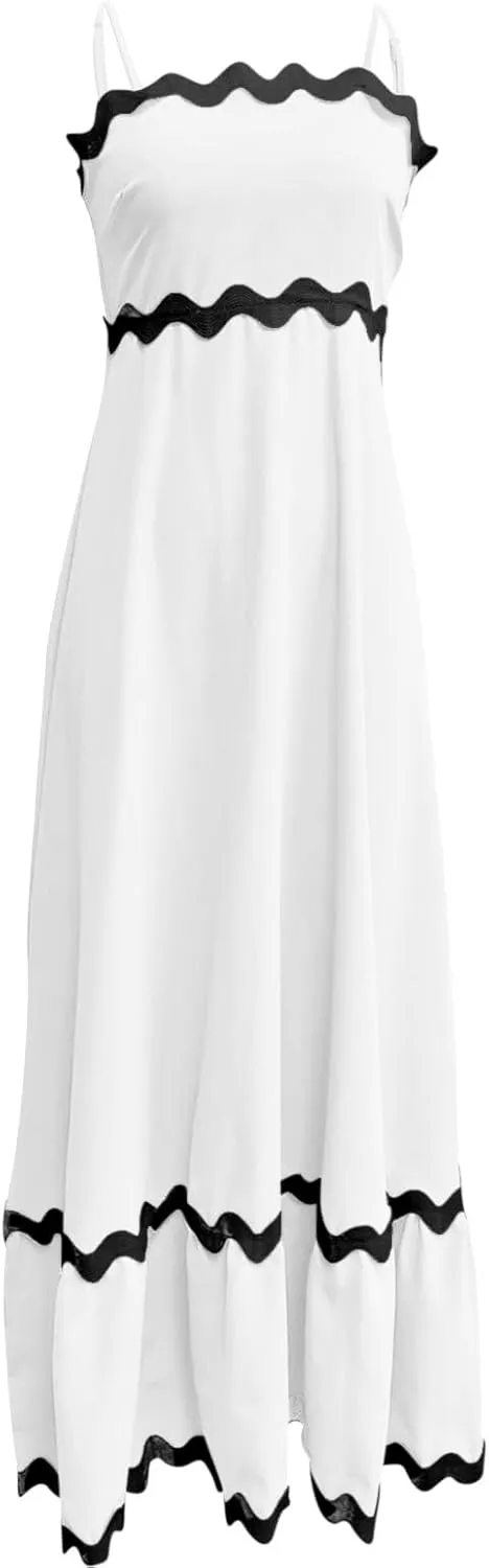Summer Casual Boho Dresses for Women 2024 RIC Rac Spaghetti Strap Flowy Maxi Dress Berach Smocked Flowy Sundress