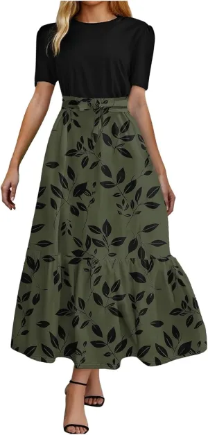 Summer Dresses for Women Puff Sleeve Flowy Floral Dress Casual Maxi Dress with Belt Elegant Sundress Long Dresses