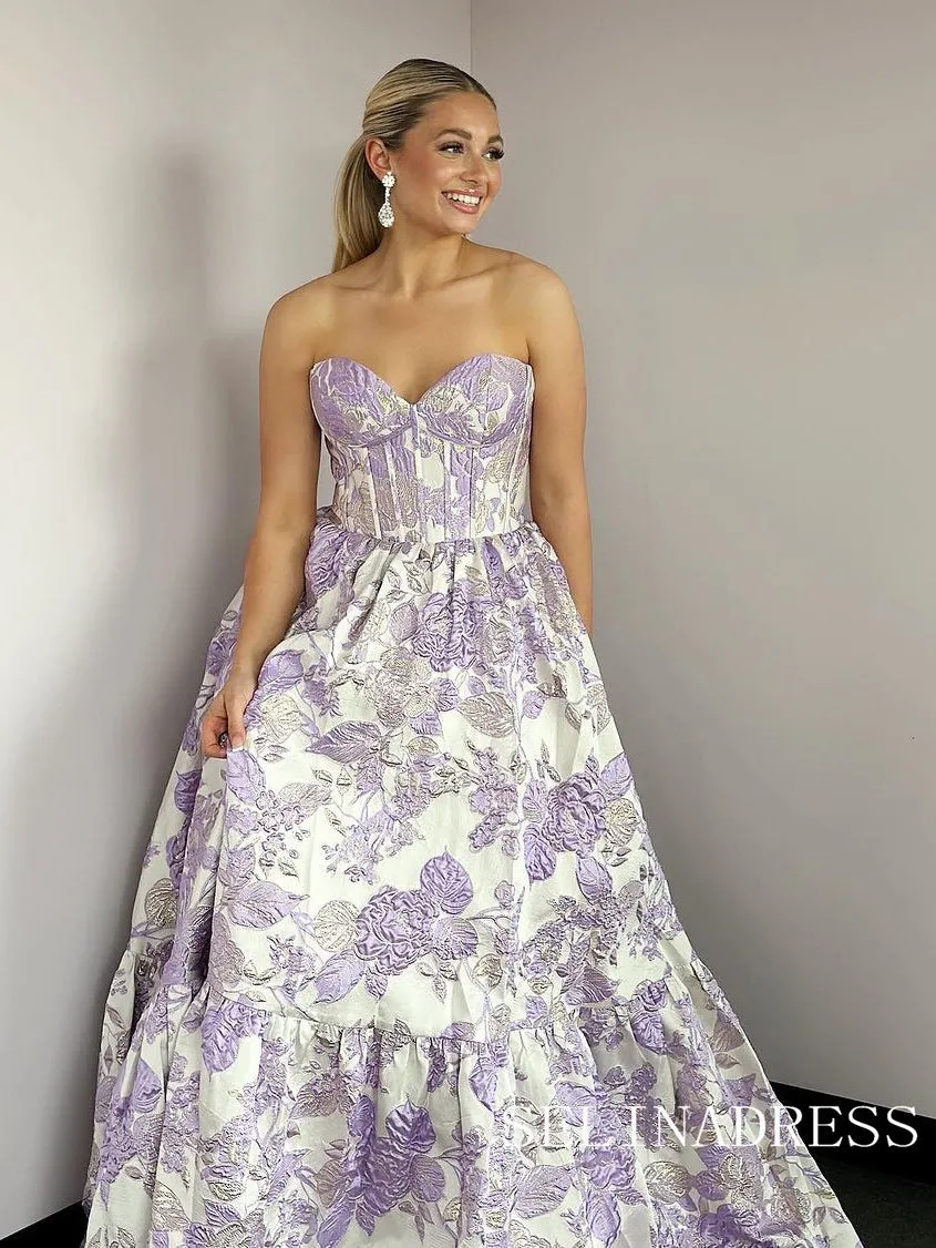 Sweetheart A-line Pink Floral Long Prom Dress Evening Dress sew0617