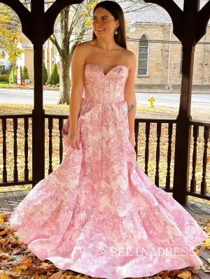 Sweetheart A-line Pink Floral Long Prom Dress Evening Dress sew0617