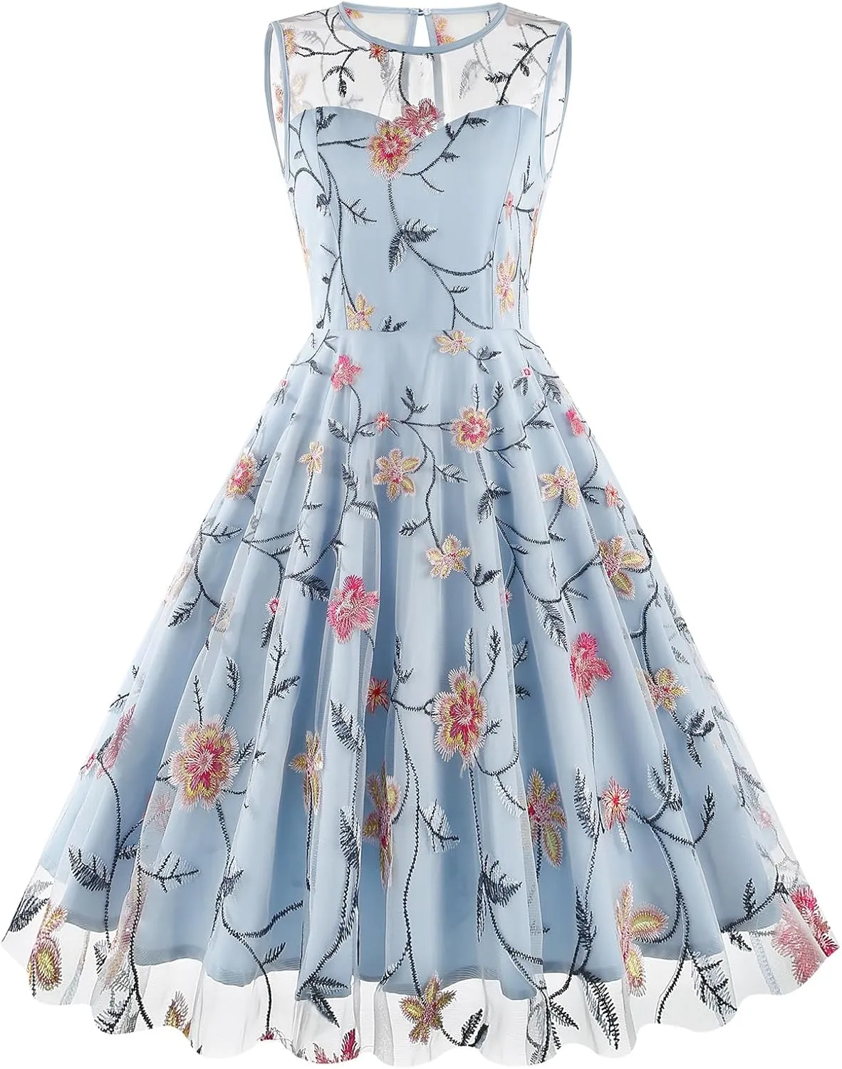 Tulle Embroidery Floral Dress for Women Sleeveless Mesh Flower Embroidered Tulle Prom Dress Summer Wedding Tea Party Dress