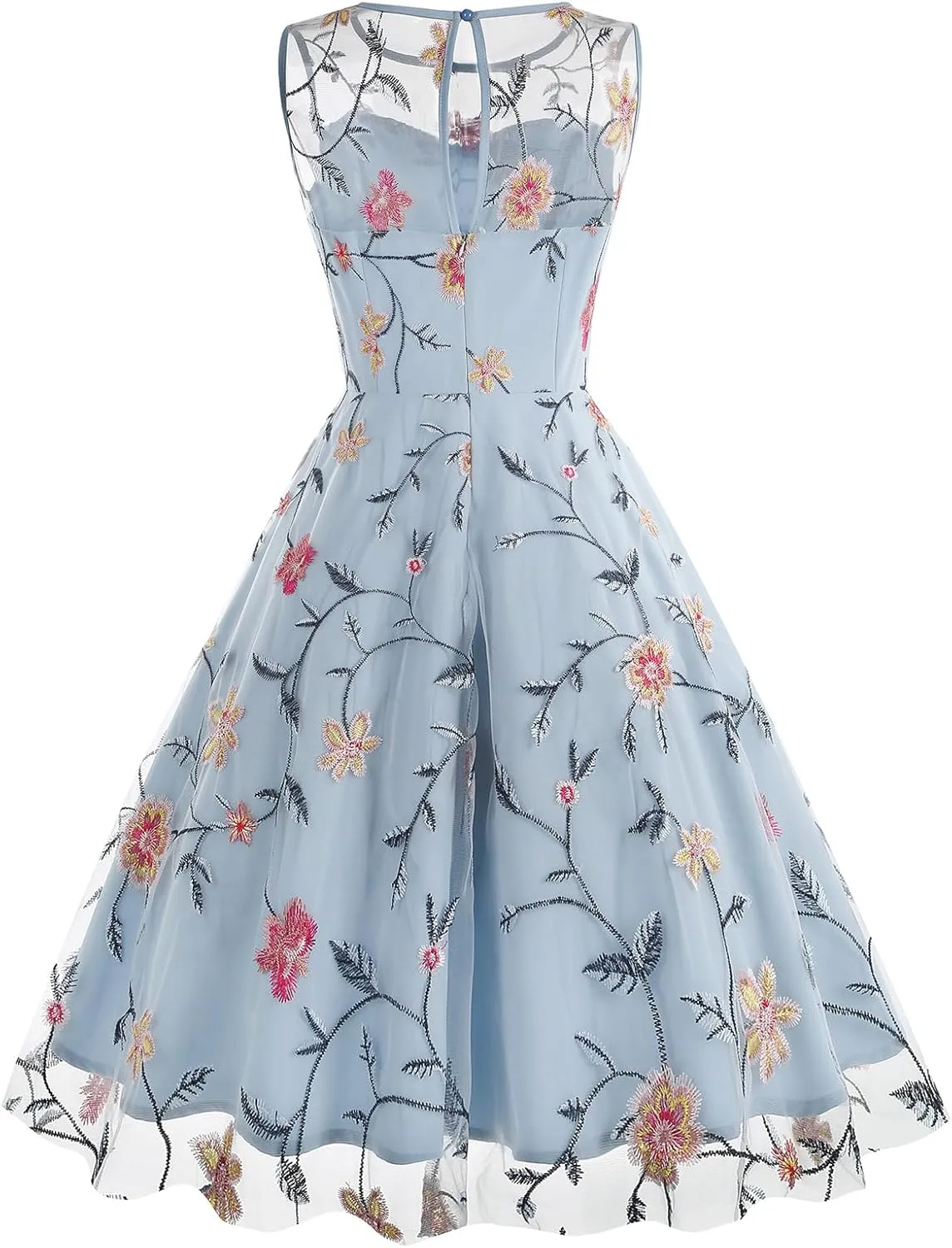 Tulle Embroidery Floral Dress for Women Sleeveless Mesh Flower Embroidered Tulle Prom Dress Summer Wedding Tea Party Dress