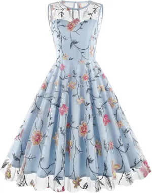 Tulle Embroidery Floral Dress for Women Sleeveless Mesh Flower Embroidered Tulle Prom Dress Summer Wedding Tea Party Dress