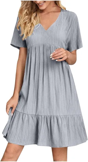 Vacation Dresses for Women 2025 Summer Loose Fit V Neck Short Sleeve Mini Dress Flowy Pleated Ruffle Hem Dress