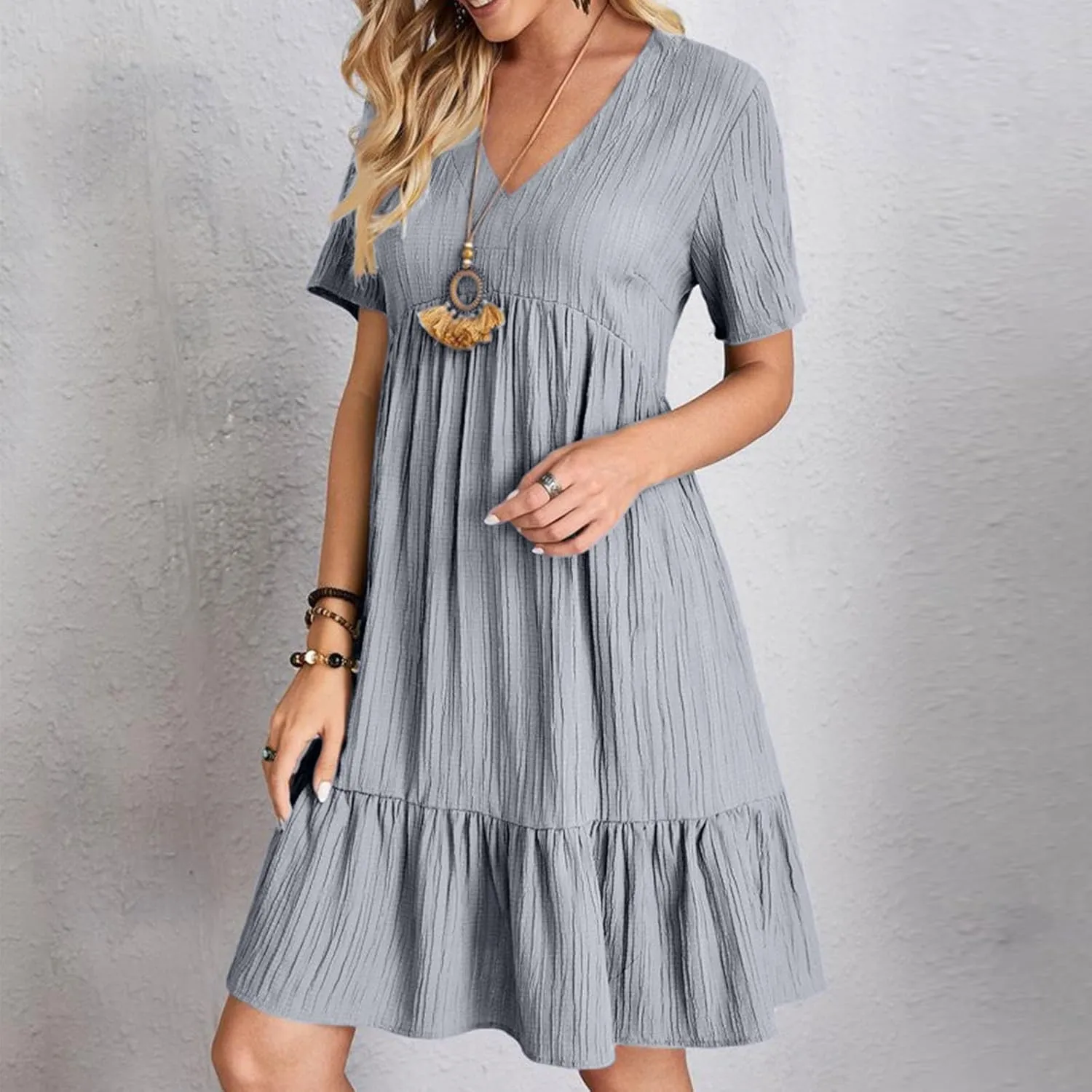 Vacation Dresses for Women 2025 Summer Loose Fit V Neck Short Sleeve Mini Dress Flowy Pleated Ruffle Hem Dress