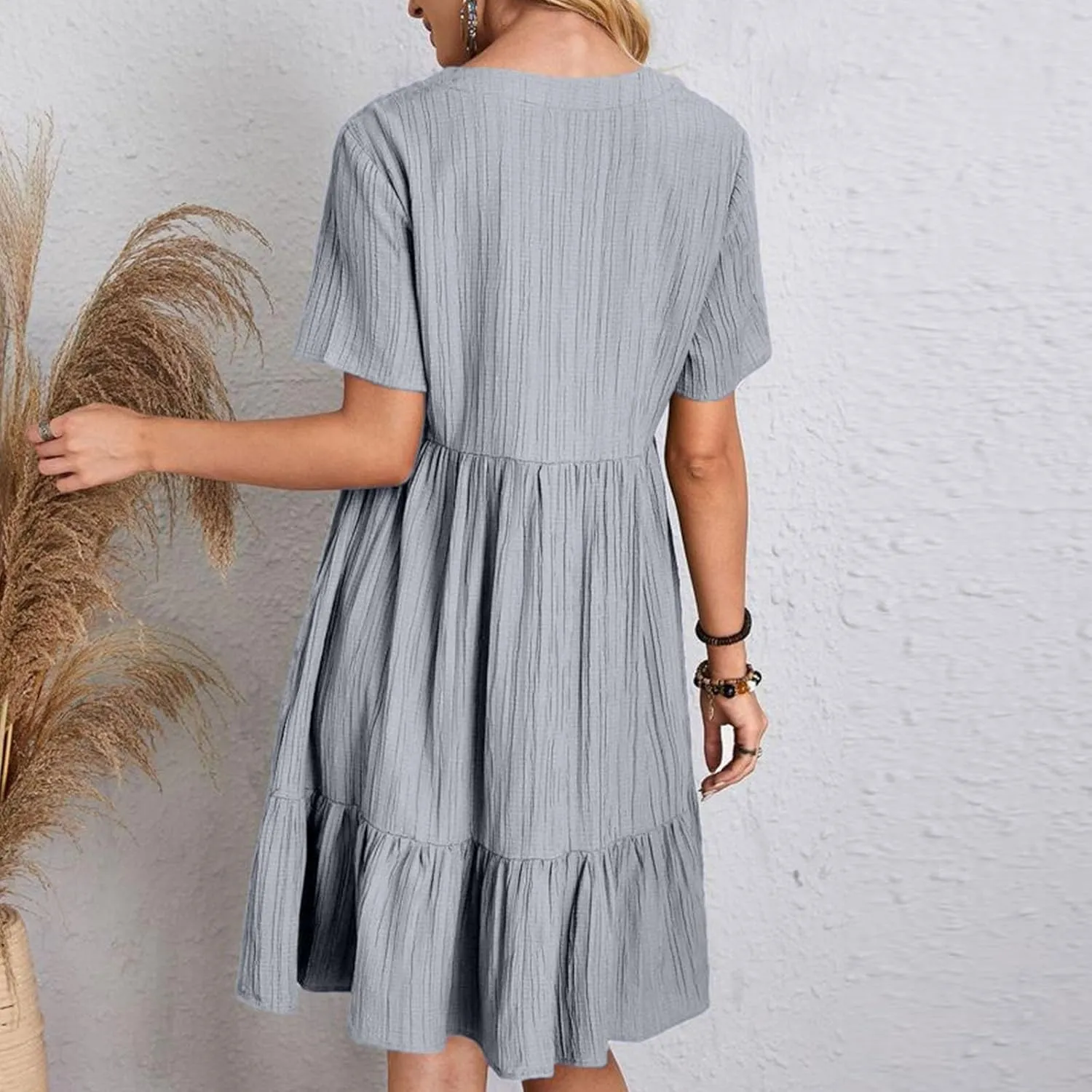 Vacation Dresses for Women 2025 Summer Loose Fit V Neck Short Sleeve Mini Dress Flowy Pleated Ruffle Hem Dress