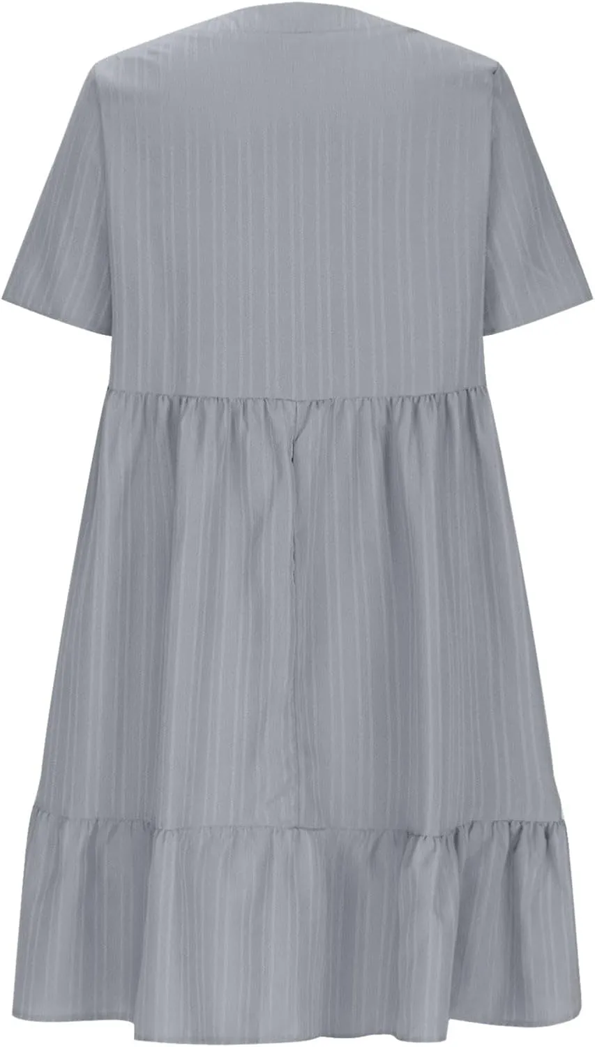 Vacation Dresses for Women 2025 Summer Loose Fit V Neck Short Sleeve Mini Dress Flowy Pleated Ruffle Hem Dress