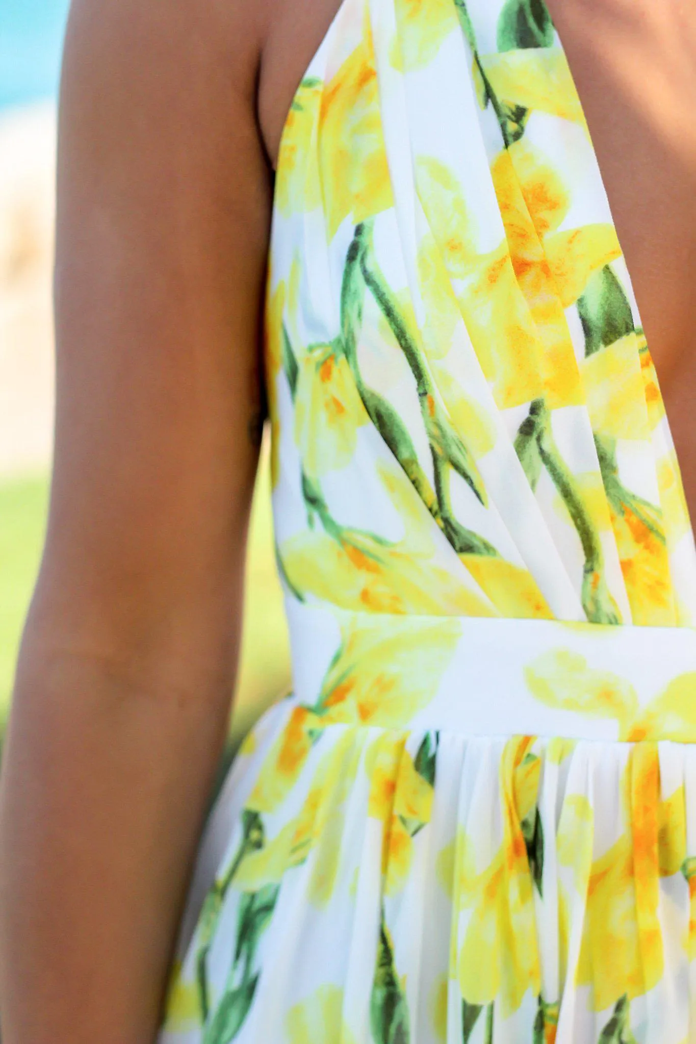 White and Yellow Floral Maxi Dress with Criss Cross Back