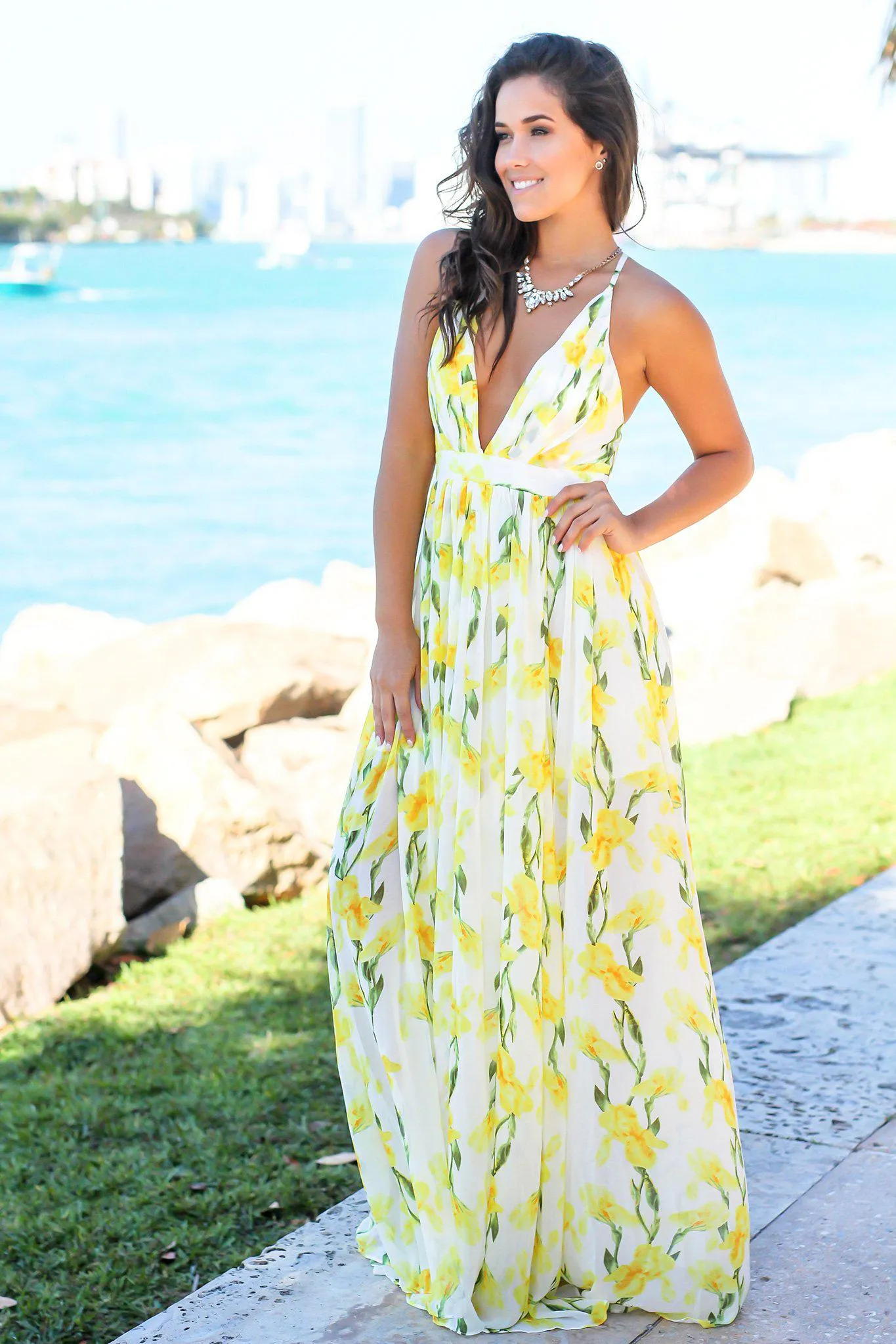 White and Yellow Floral Maxi Dress with Criss Cross Back
