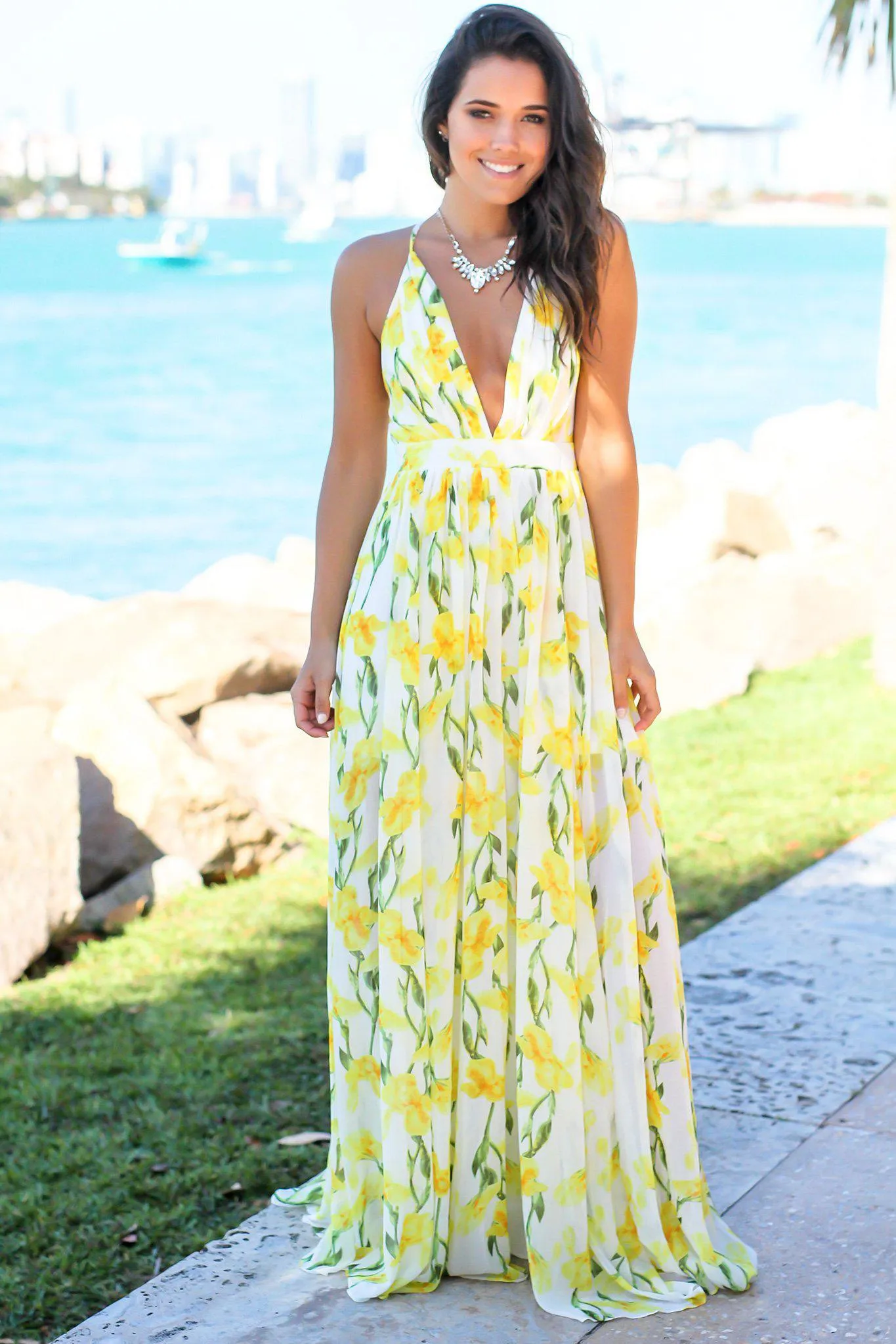White and Yellow Floral Maxi Dress with Criss Cross Back