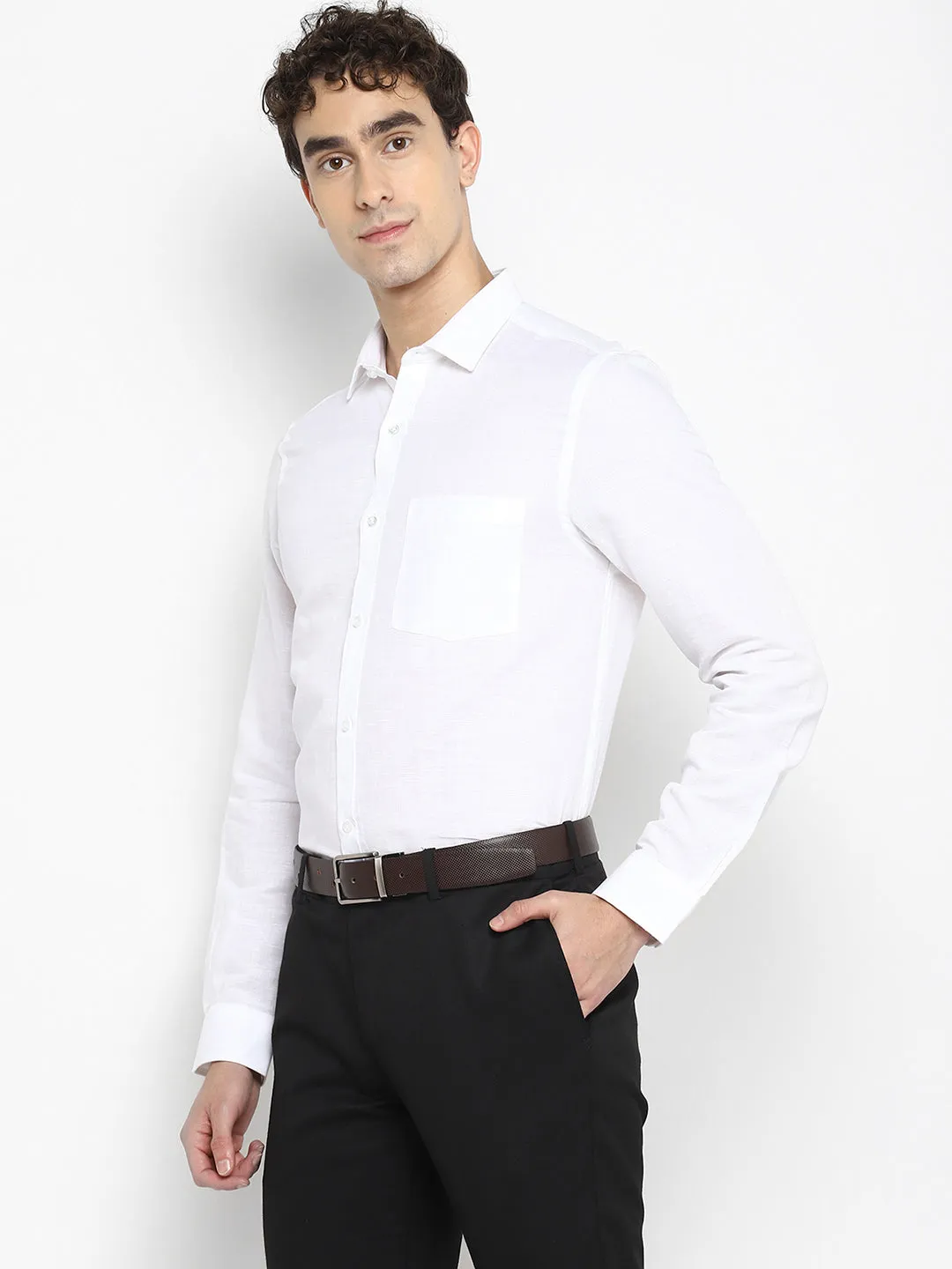 White Linen Solid Slim Fit Shirts