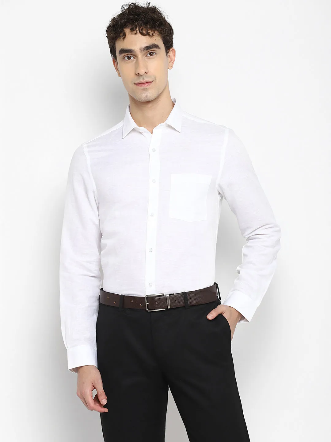 White Linen Solid Slim Fit Shirts