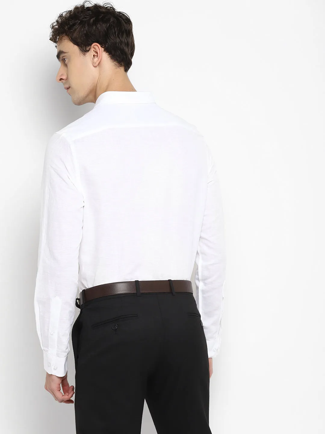 White Linen Solid Slim Fit Shirts