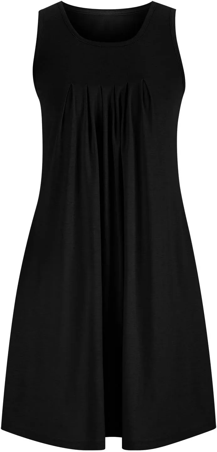 Women's 2024 Summer Casual Loose Beach Sleeveless Midi Sundress with Pockets Swing Solid Ruffle A-Line Dresses