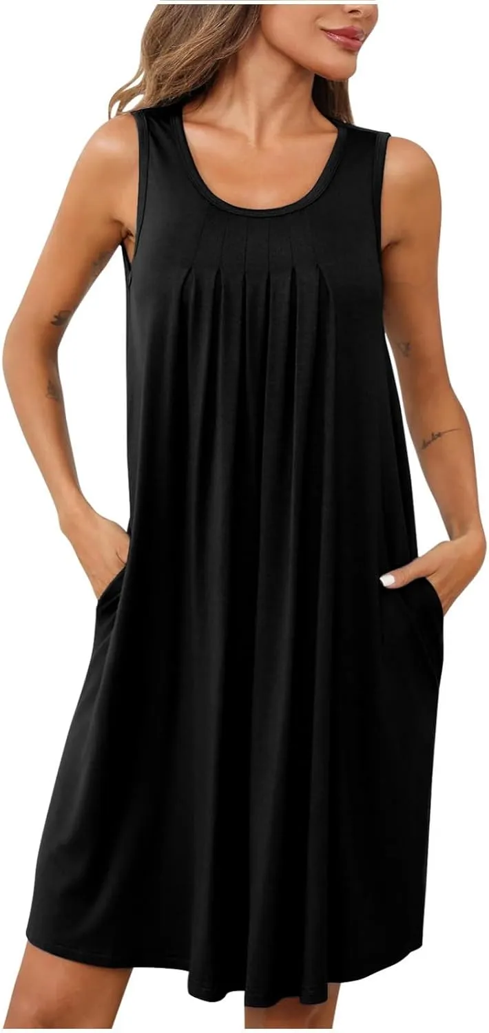 Women's 2024 Summer Casual Loose Beach Sleeveless Midi Sundress with Pockets Swing Solid Ruffle A-Line Dresses