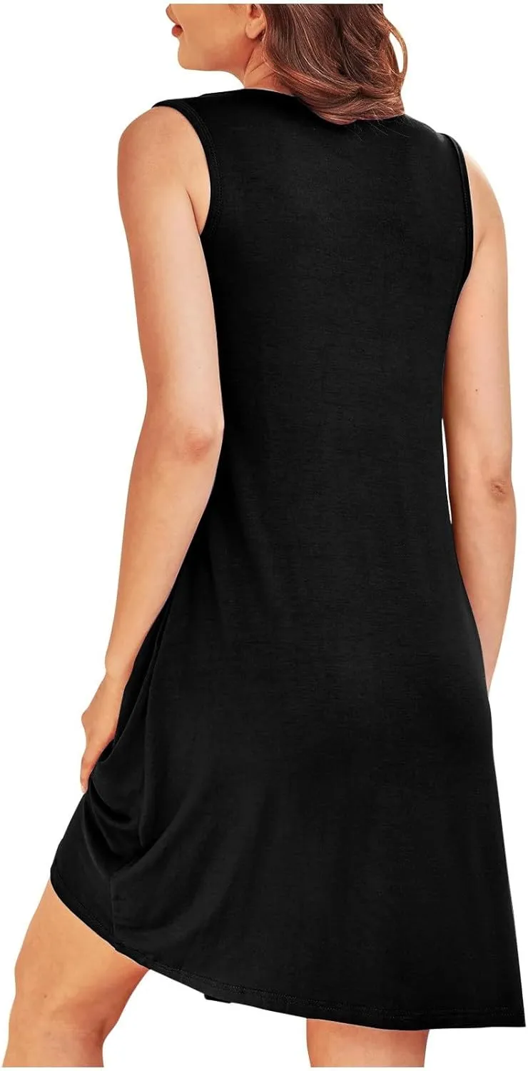 Women's 2024 Summer Casual Loose Beach Sleeveless Midi Sundress with Pockets Swing Solid Ruffle A-Line Dresses