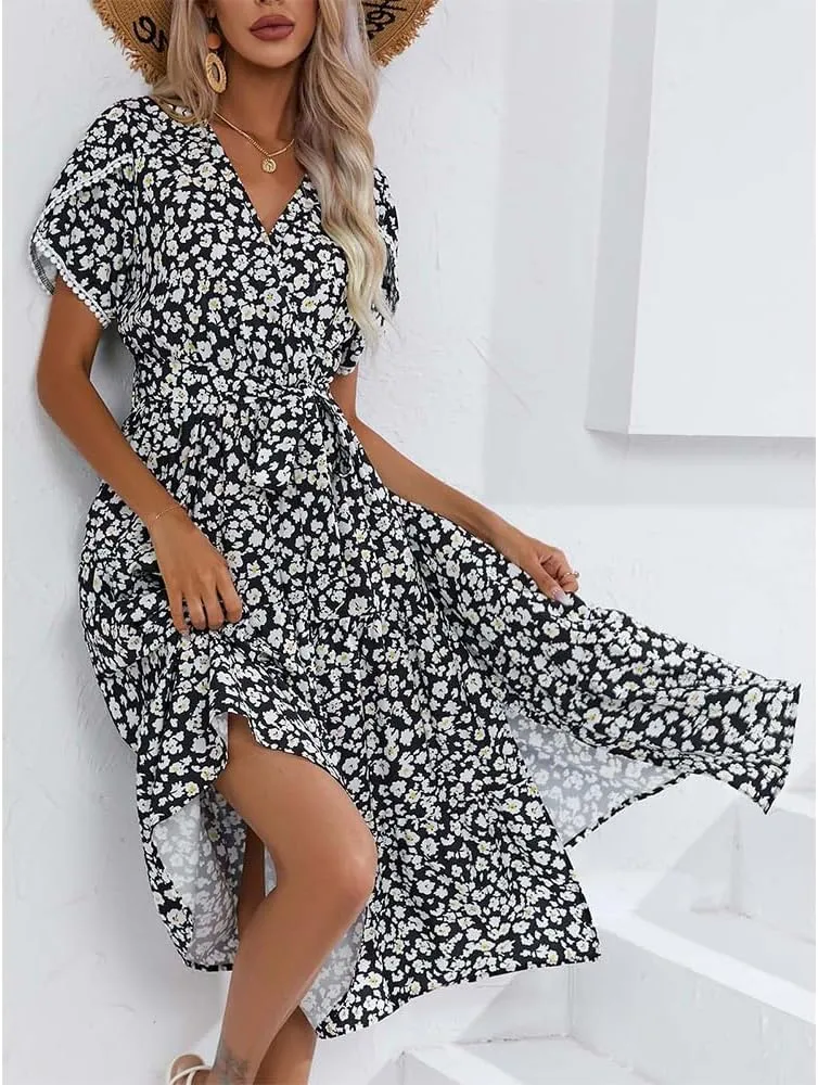 Women's Boho Floral Maxi Dress Puff Short Sleeve Crewneck A Line Smocked Long Dress Casual Layered Ruffle Dress