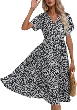 Women's Boho Floral Maxi Dress Puff Short Sleeve Crewneck A Line Smocked Long Dress Casual Layered Ruffle Dress