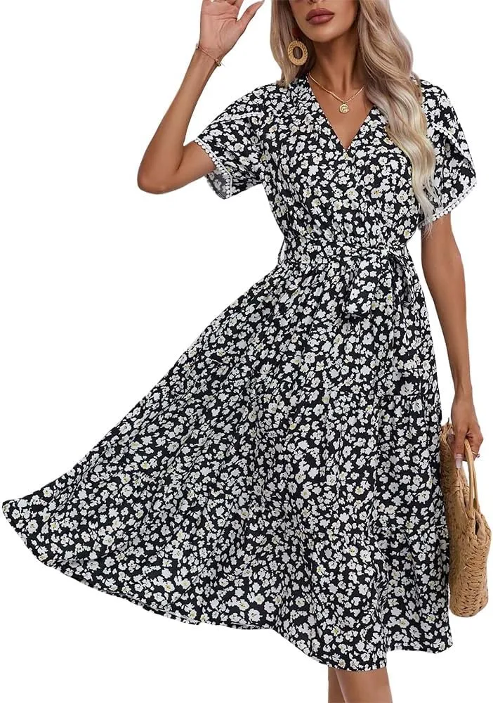 Women's Boho Floral Maxi Dress Puff Short Sleeve Crewneck A Line Smocked Long Dress Casual Layered Ruffle Dress