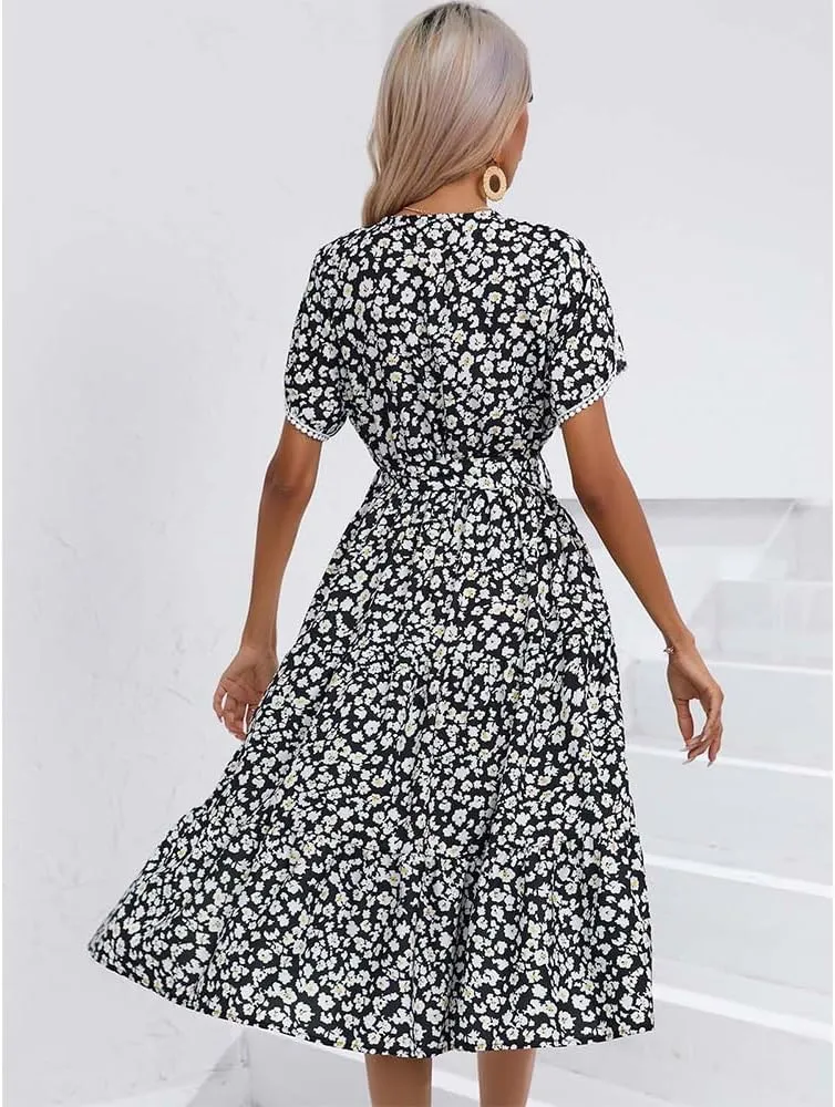 Women's Boho Floral Maxi Dress Puff Short Sleeve Crewneck A Line Smocked Long Dress Casual Layered Ruffle Dress