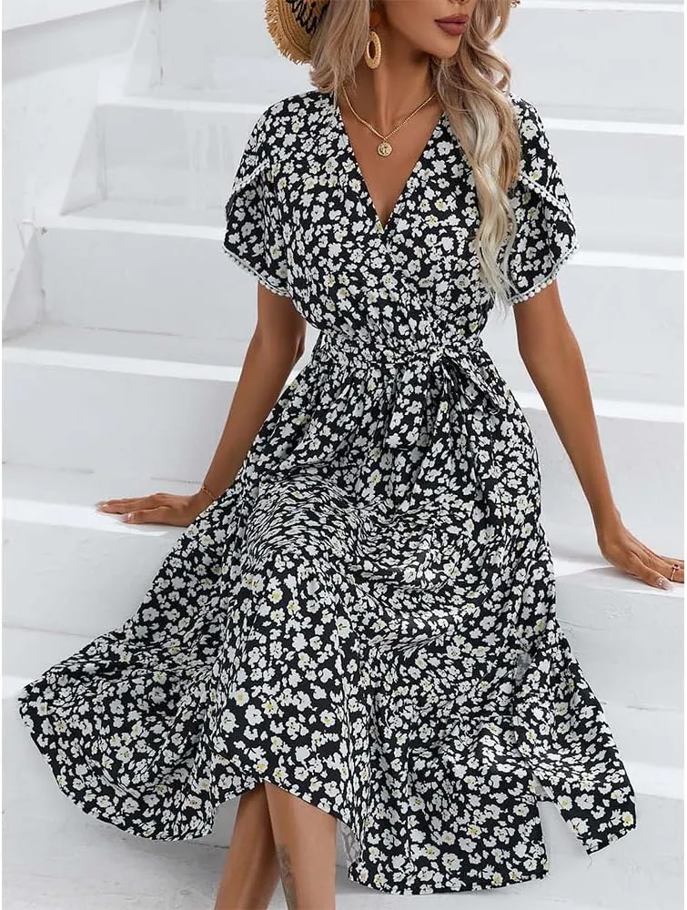 Women's Boho Floral Maxi Dress Puff Short Sleeve Crewneck A Line Smocked Long Dress Casual Layered Ruffle Dress