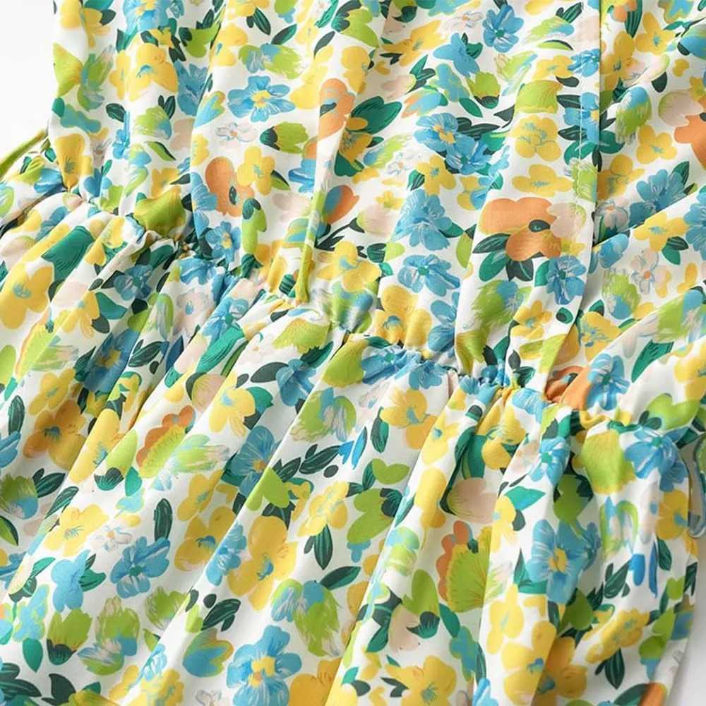 Women's Boho Floral Maxi Dress Puff Short Sleeve Crewneck A Line Smocked Long Dress Casual Layered Ruffle Dress