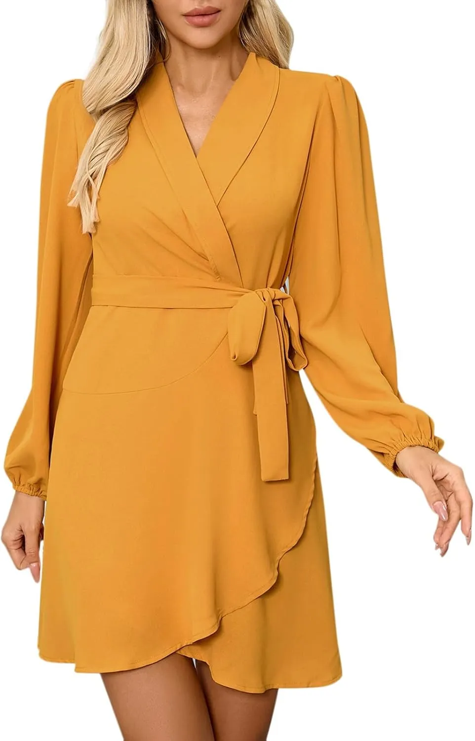 Women's Dress Deep V-Neck Waist Tie Ruffle Mini Swing Skater Dresses Elegant Long Sleeve Flowy Boho Dress