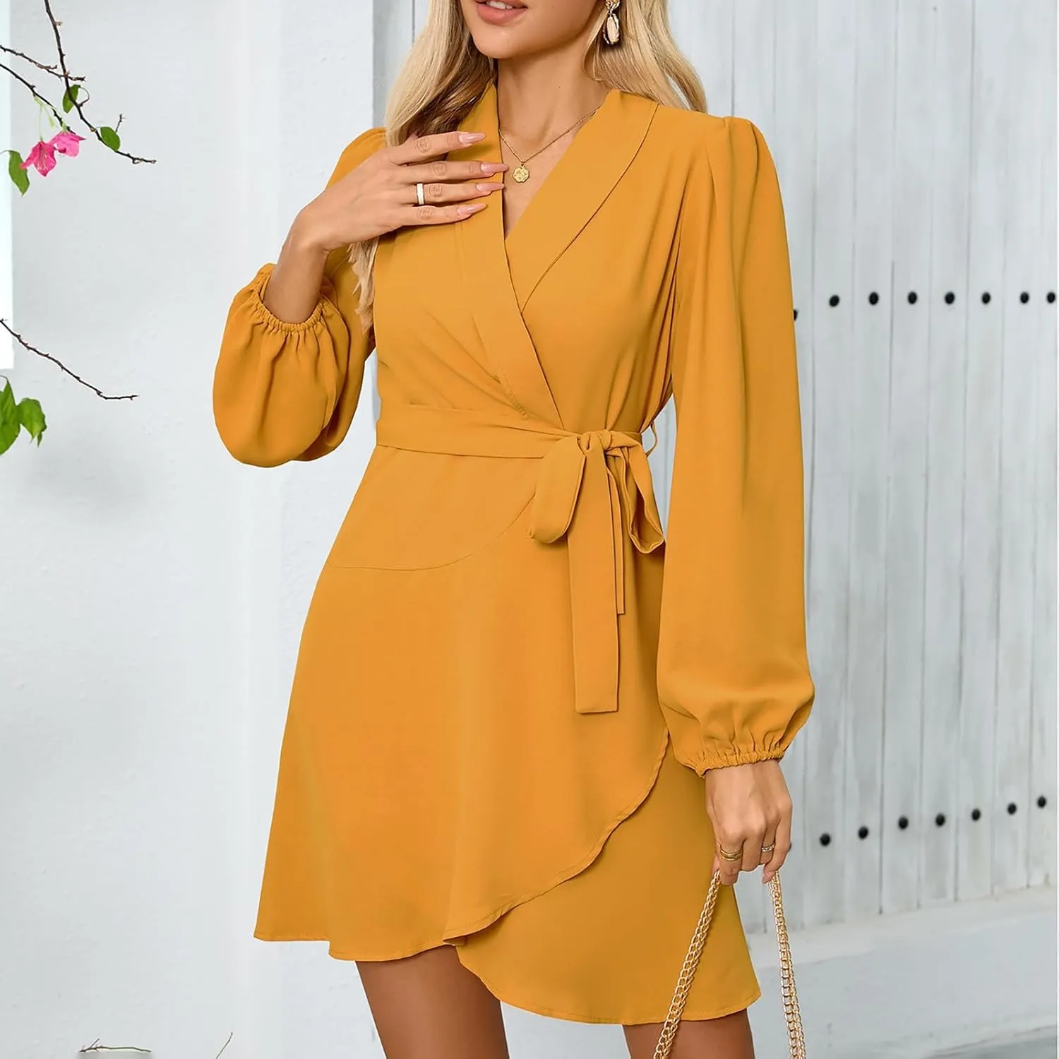 Women's Dress Deep V-Neck Waist Tie Ruffle Mini Swing Skater Dresses Elegant Long Sleeve Flowy Boho Dress