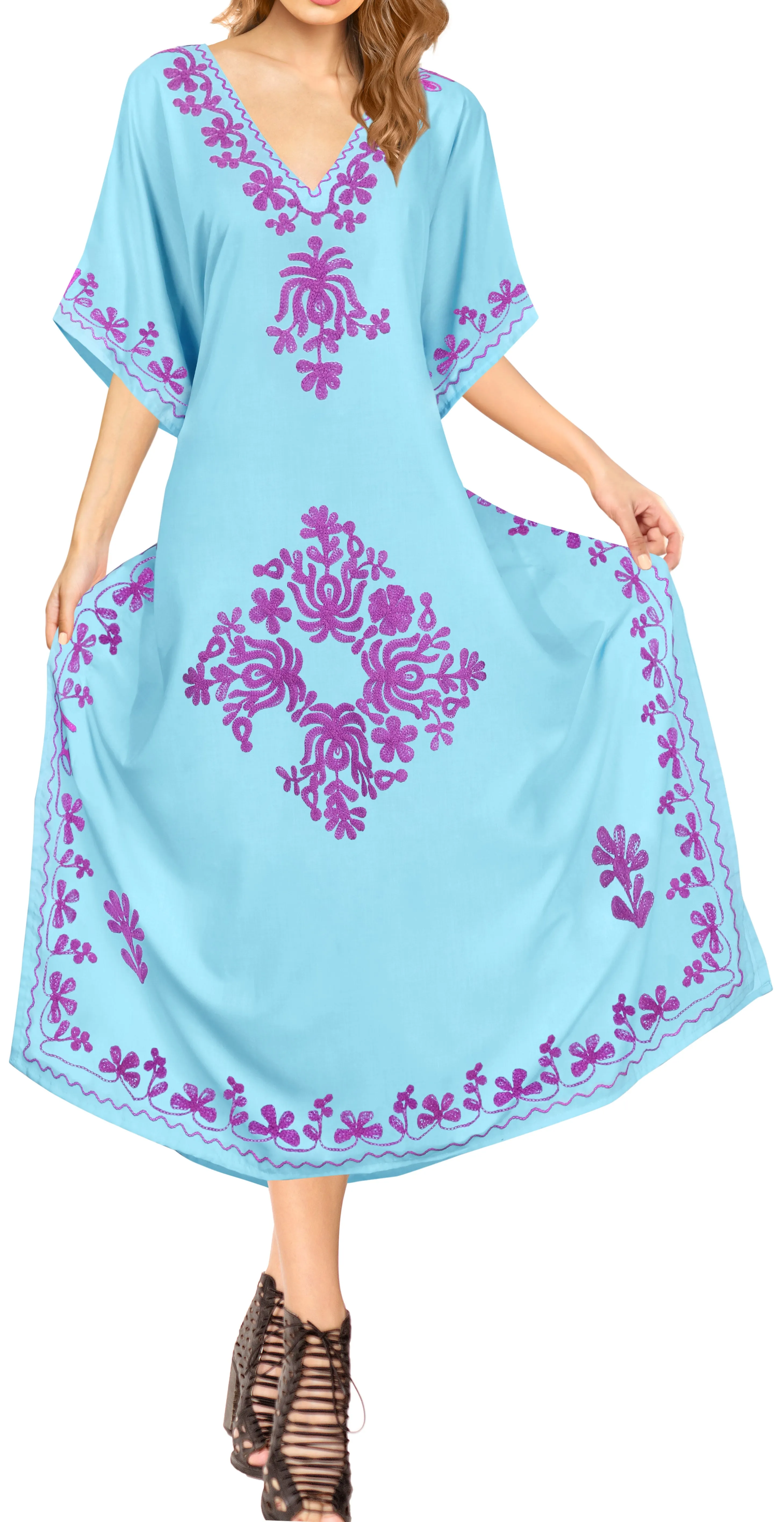 Women's Long Beach Designer Rayon Swimwear Swimsuit Cover up Caftan Turquoise Blue Violet Embroidery TOP 907575