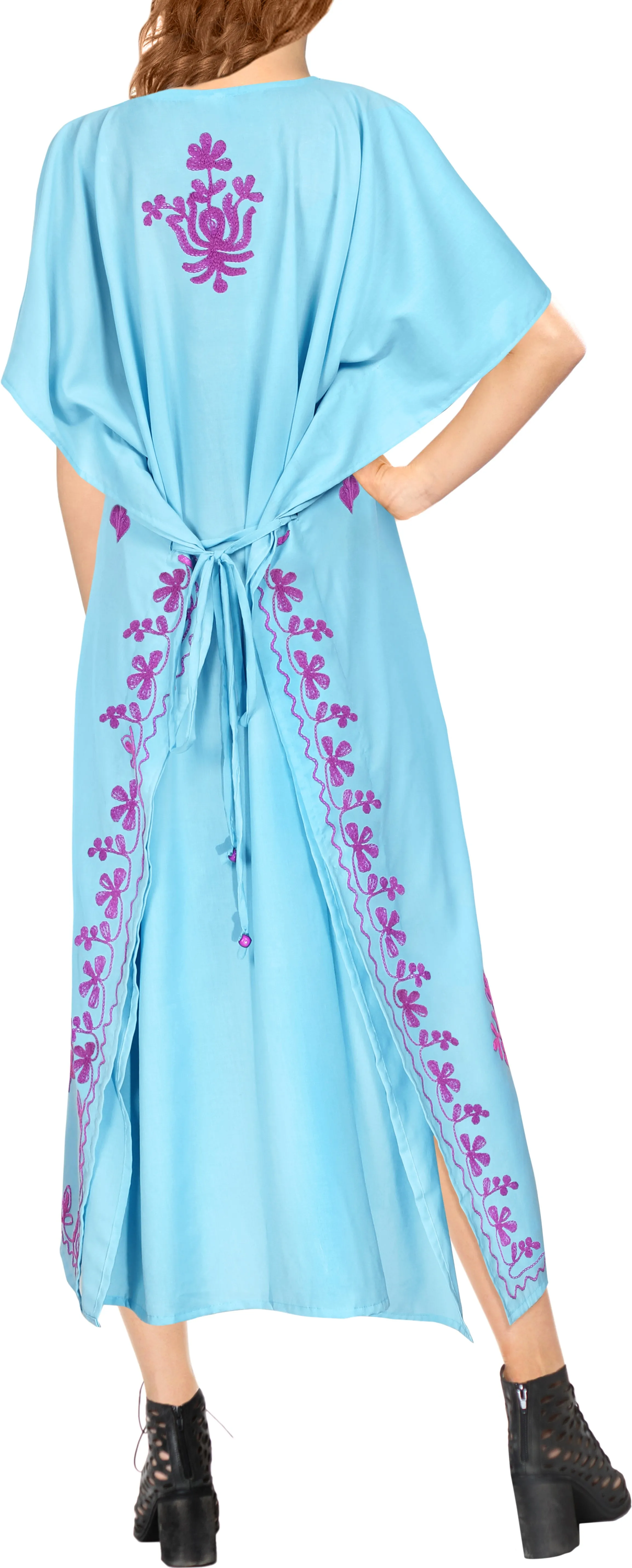 Women's Long Beach Designer Rayon Swimwear Swimsuit Cover up Caftan Turquoise Blue Violet Embroidery TOP 907575