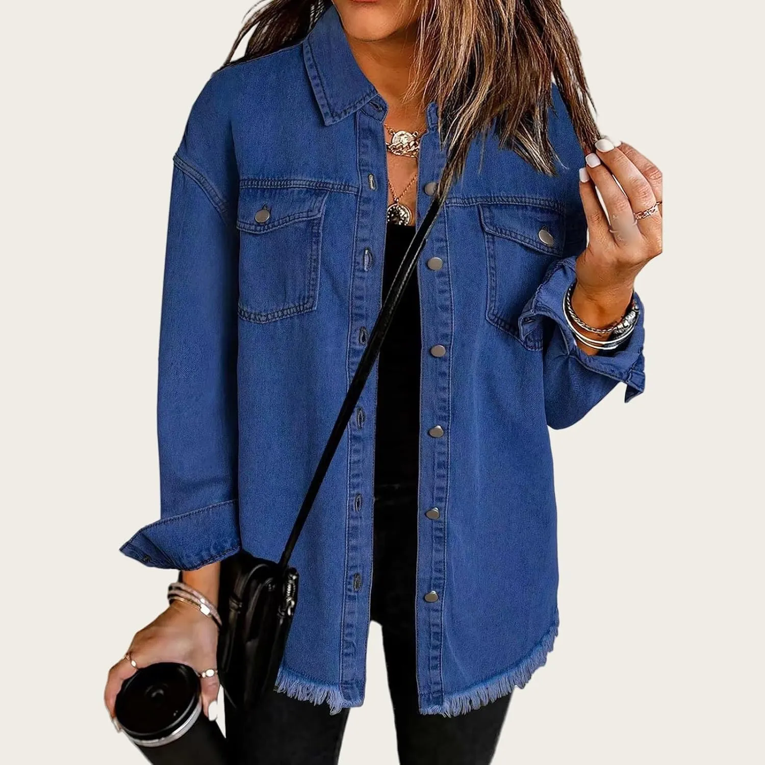 Womens Oversized Denim Jacket Casual Long Boyfriend Button Down Distressed Jean Jacket Fall Shacket Jacket