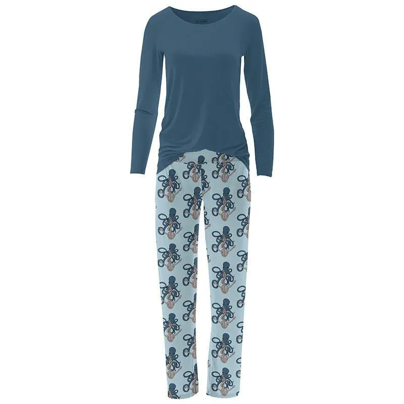 Women's Print Bamboo Long Sleeve Loosey Goosey Tee & Pajama Pants Set - Spring Sky Octopus Anchor