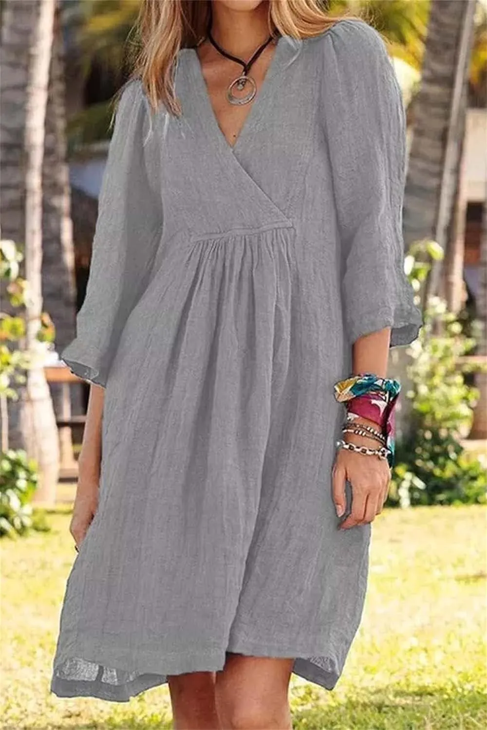 Womens Summer Midi Dresses Cotton Linen Dress V Neck Half Sleeve Loose Dresses Fashion Lightweight Casual Sundress