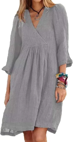 Womens Summer Midi Dresses Cotton Linen Dress V Neck Half Sleeve Loose Dresses Fashion Lightweight Casual Sundress