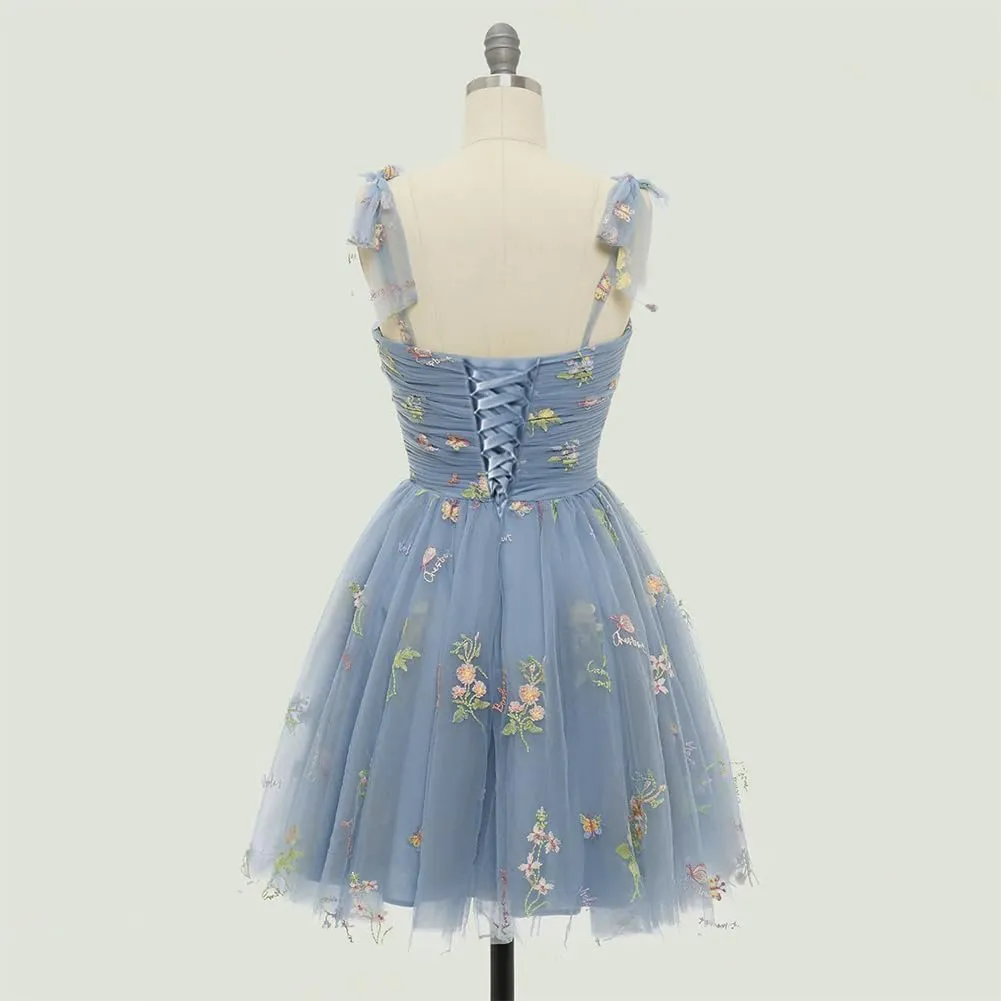 Women's Tie Strap Tulle Prom Dresses Sweetheart Flower Embroidery Dress Short Formal Party Mini Homecoming Dresses