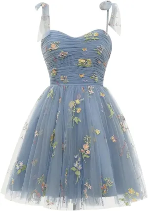 Women's Tie Strap Tulle Prom Dresses Sweetheart Flower Embroidery Dress Short Formal Party Mini Homecoming Dresses