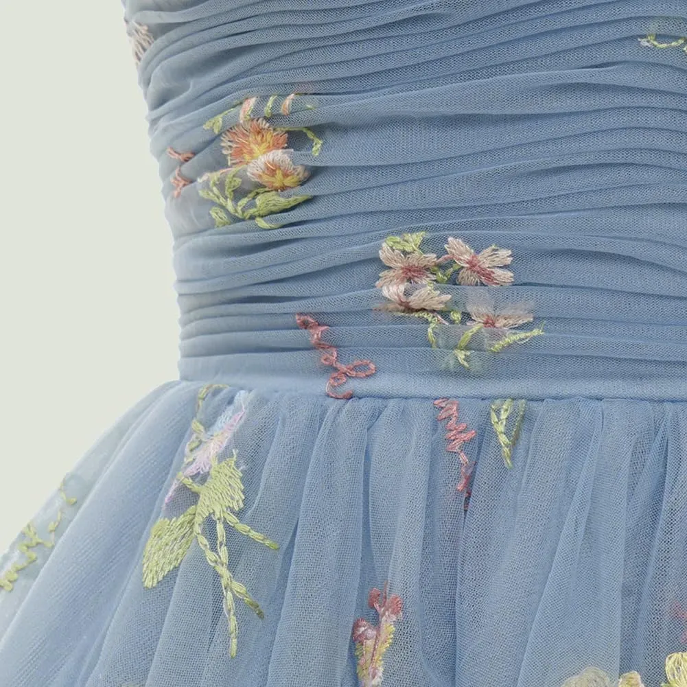 Women's Tie Strap Tulle Prom Dresses Sweetheart Flower Embroidery Dress Short Formal Party Mini Homecoming Dresses