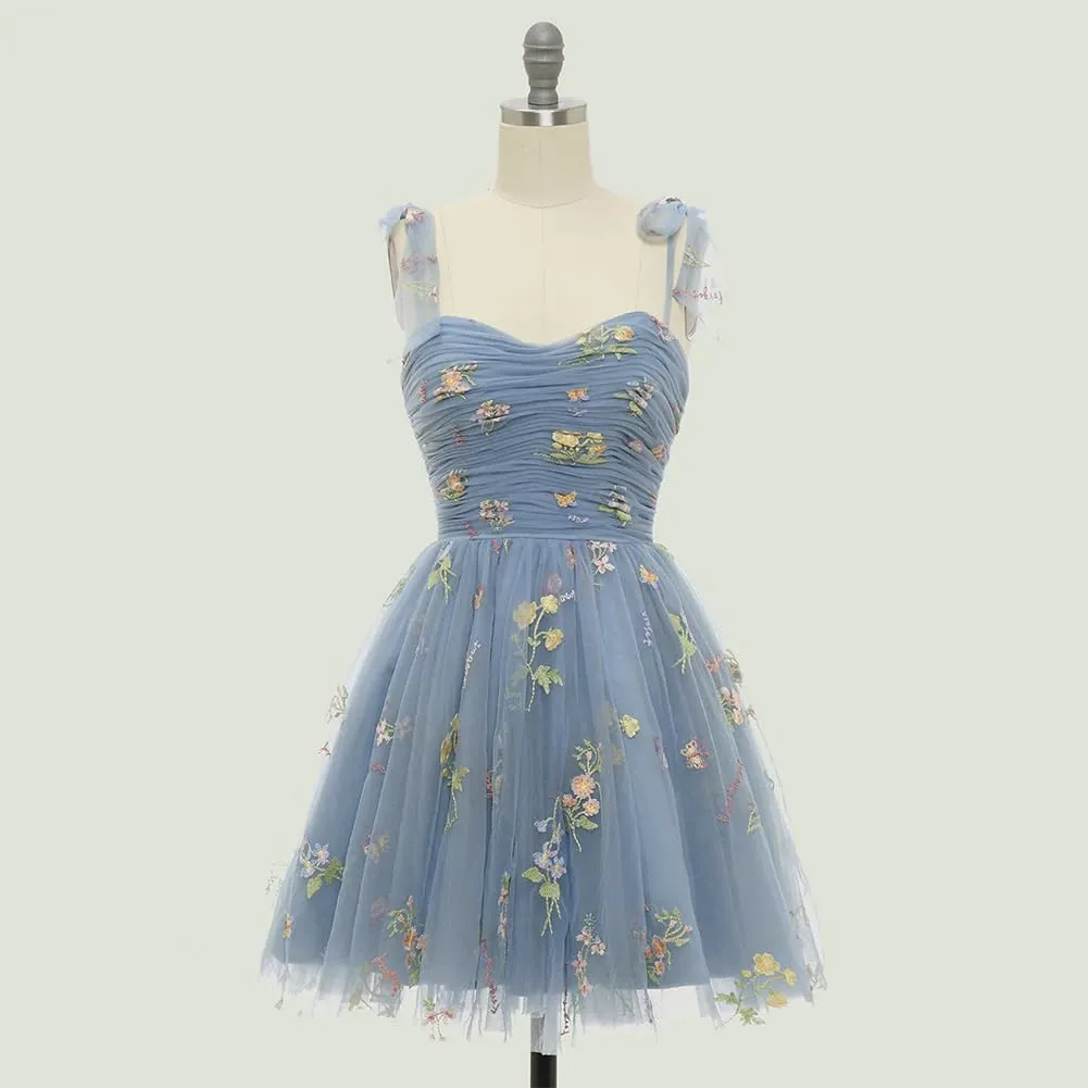 Women's Tie Strap Tulle Prom Dresses Sweetheart Flower Embroidery Dress Short Formal Party Mini Homecoming Dresses